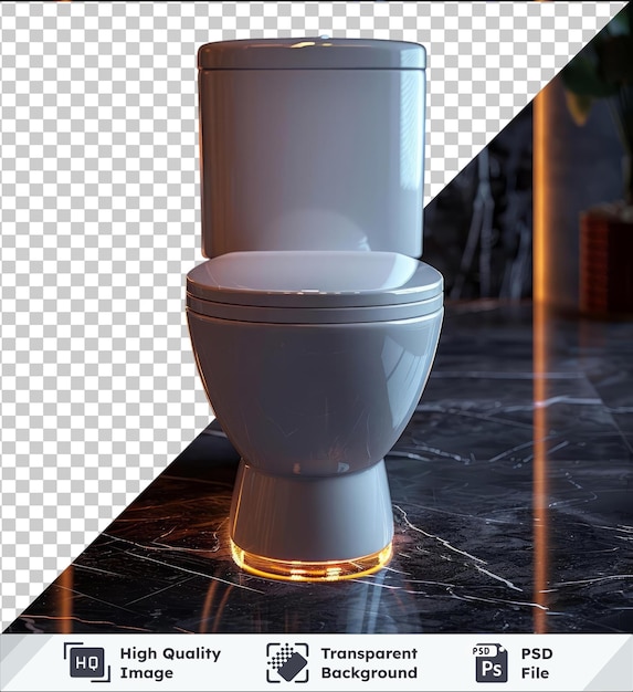 PSD transparent object toilet in a dark room with black wall and shiny floor