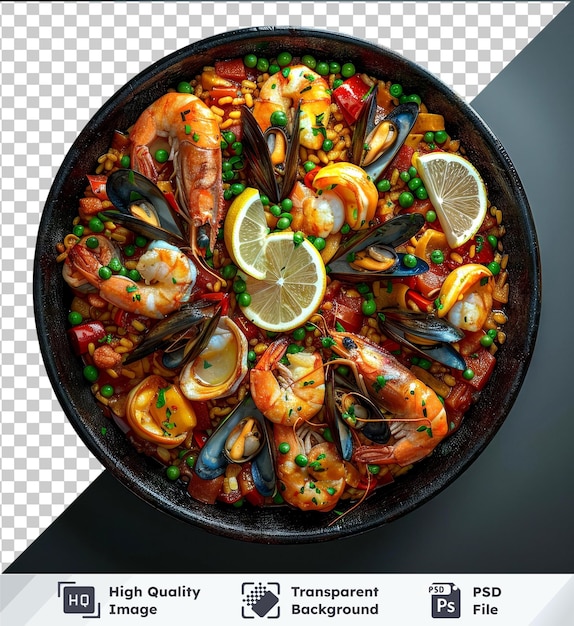 PSD transparent object top view seafood paella mockup with shrimp lemon and green peas in a pan