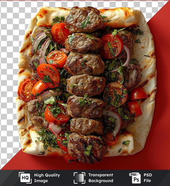 PSD oggetto trasparente kebab urfa con pomodori e cipolle su uno sfondo rosso