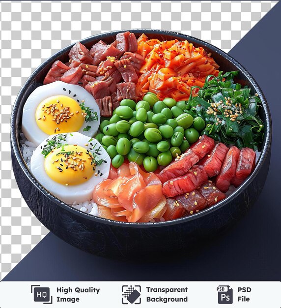 PSD transparent object vegetable donburi eggs and meat in a black bowl