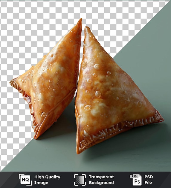 Transparent object vegetable samosas on a blue table with a dark shadow in the background