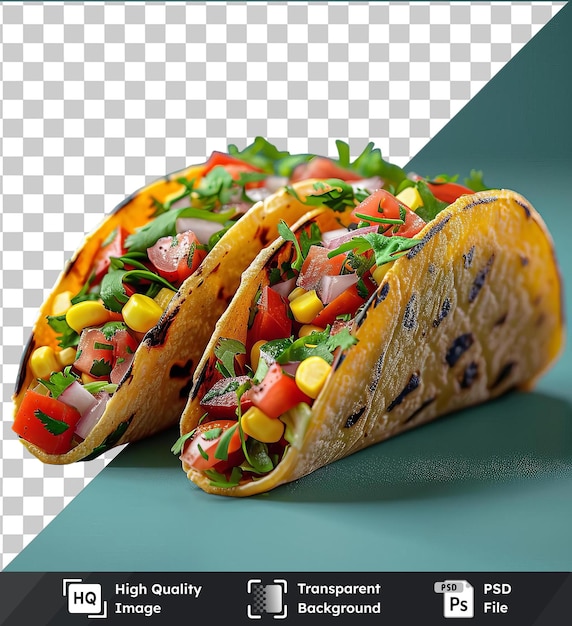 PSD transparent object vegetable tacos on a blue table with a green and blue shadow