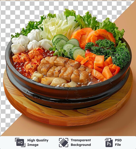 PSD transparent object vegetable teppanyaki on a wooden plate