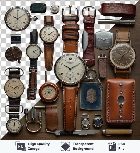 Transparent object vintage watch and timepiece set a collection of watches and clocks arranged on a wooden table accompanied by a brown leather wallet