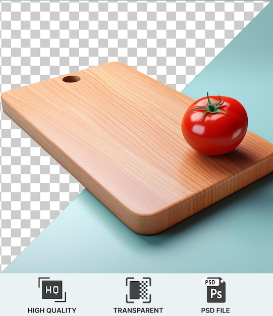 PSD 背景に小さな穴がある青いテーブルに置かれた木製のカッティングボードに赤いトマトと緑の茎を持つ透明な物体