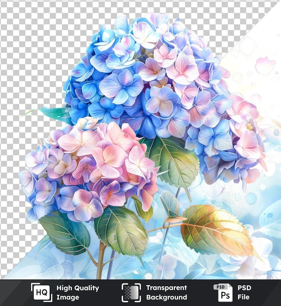 PSD transparent object with beautiful watercolor hydrangea flowers clipart and leaves for floral