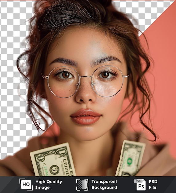 Прозрачный объект женщина в очках с деньгами долларами на ее лице