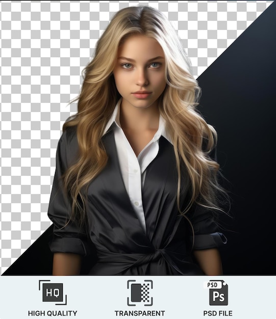 PSD transparent object of a woman with long blond hair wearing a black dress with a white collar showcasing her striking blue and brown eyes