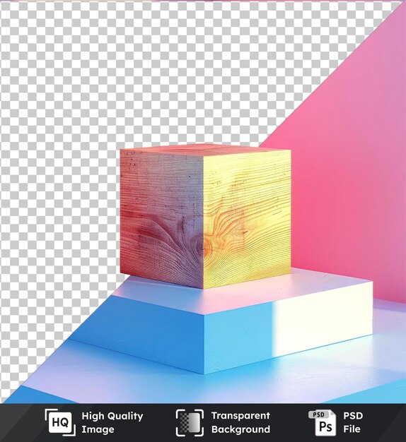 PSD transparent object wooden box rendering design isolated on pink wall