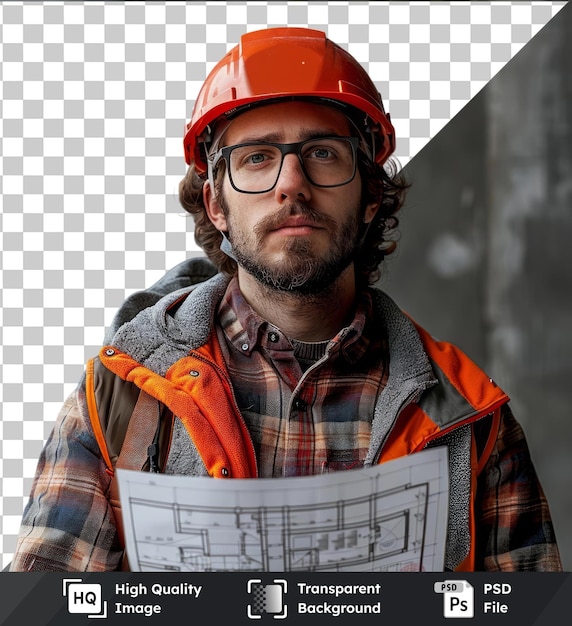 PSD transparent object young architect man with helmet and holding blueprints having a pain in the heart