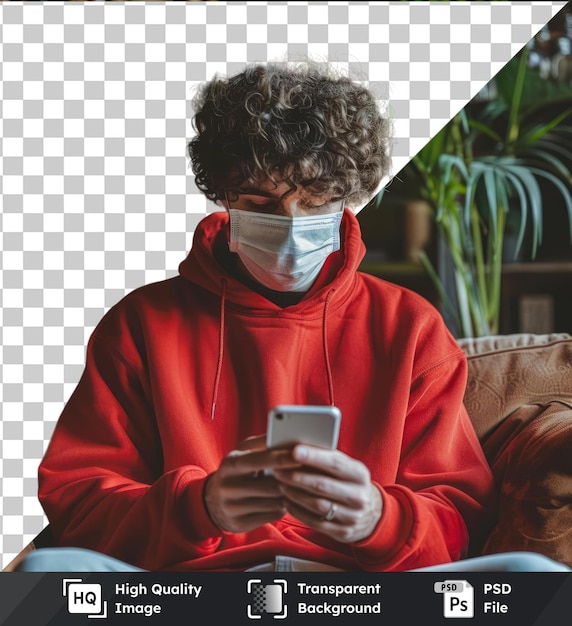 Transparent object young attractive man with curly hair dressed in a red sweatshirt using mobile in living room at home wearing a mask to protect himself from coronavirus new normal concept