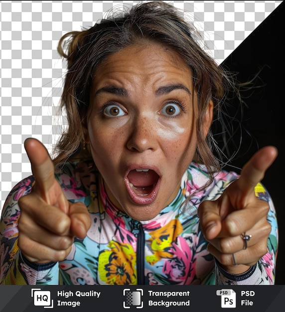 PSD transparent object young hispanic cyclist woman surprised and pointing front with both hands wearing a colorful shirt and silver ring with brown hair blue and brown eyes open mouth and large nose