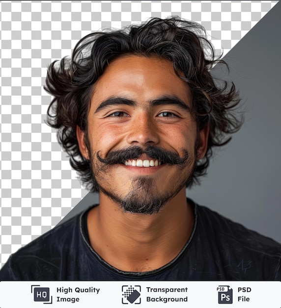 PSD transparent object young man with moustache happy and smiling wearing a black shirt and black hair with brown eyes a large nose and white teeth and a small ear visible