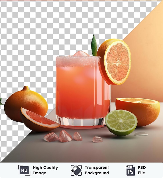 PSD Прозрачный объект с вкусными грейпфрутами, маргаритами и апельсинами на прозрачном фоне на розовой стене