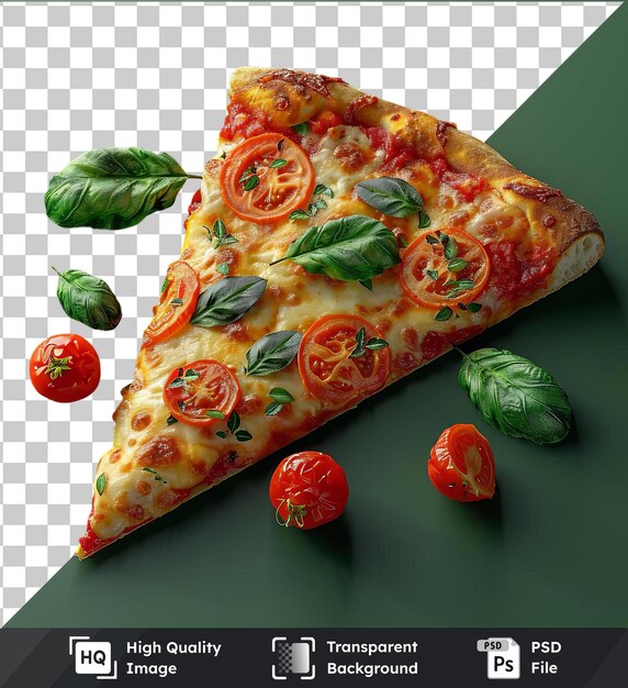 PSD transparent object zesty slice of pizza topped with red tomatoes and green leaves on a green table