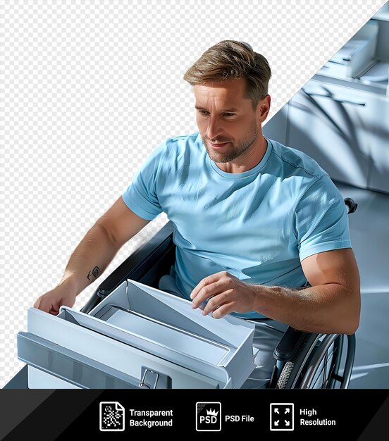 PSD transparent office card file holder sitting in a wheelchair on a gray floor next to a white pot and a green plant with a man in a blue shirt and short brown hair in the background png