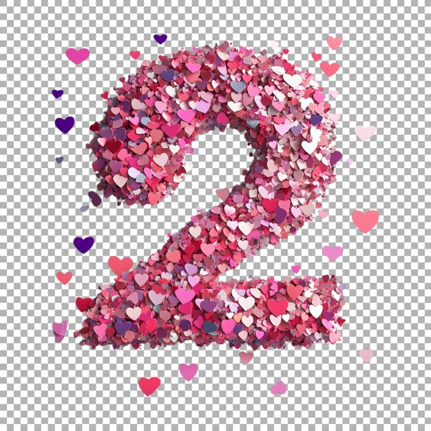 transparent or png image of 3d rendering of a alphabet number 2 made from heart confetti