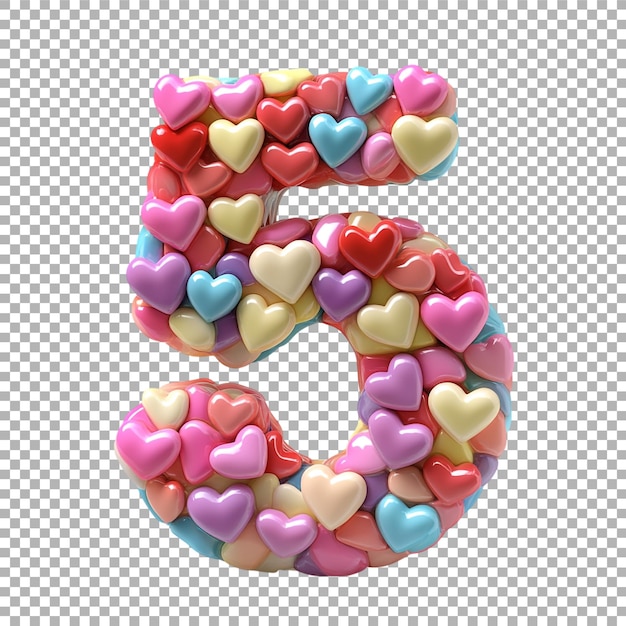 transparent or png image of 3d rendering of a alphabet number 5 made from candy hearts