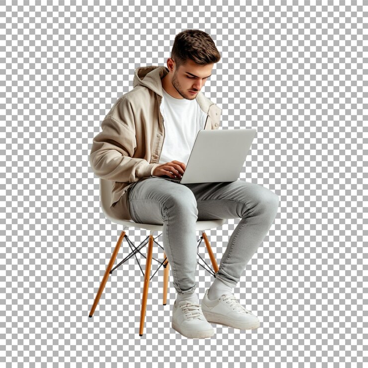 Transparent or PNG Image of Young man sitting on chair and using laptop