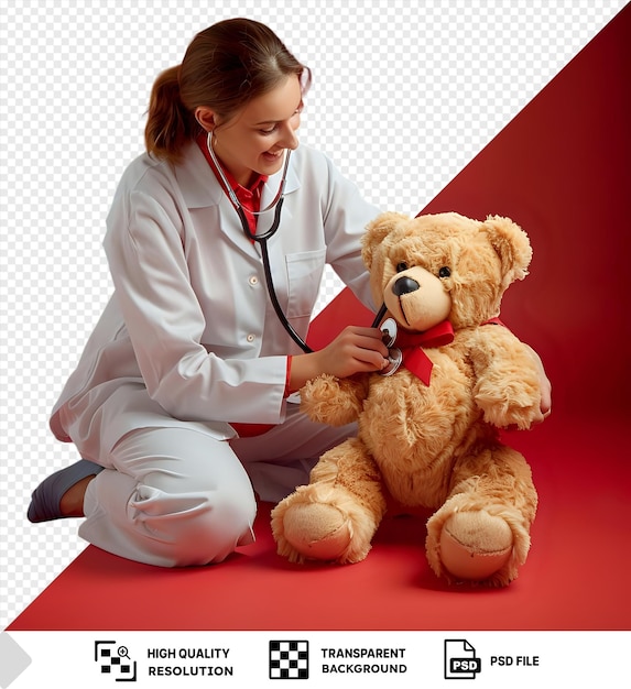 PSD transparent pediatrician auscultating a teddy bear with her stethoscope standing in front of a red wall wearing a white shirt and pants with brown hair and a black png