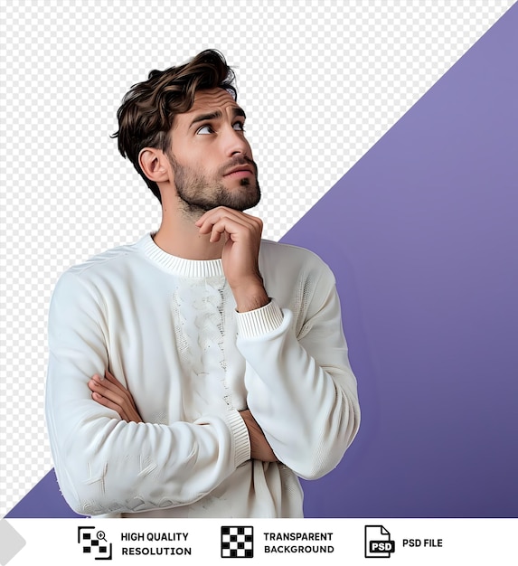 PSD transparent pensive guy pondering an invisible philosophical question in front of a purple wall wearing a white shirt and with brown hair while his hand rests on his ear png