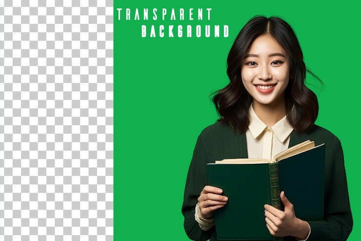 PSD 녹색 배경 에 책 을 들고 있는 아시아 학생 의 투명 한 사진 초상화