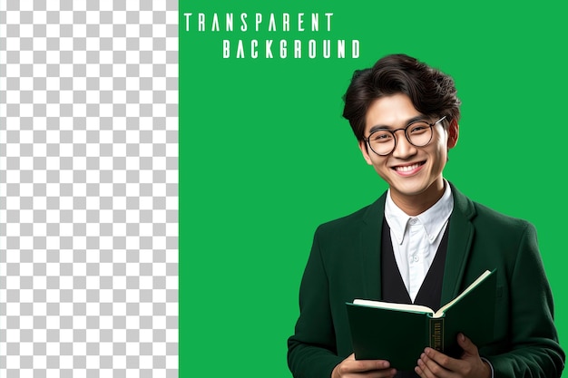 Transparent photo portrait of asian student holding book on green background