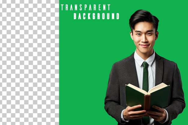 Transparent photo portrait of asian student holding book on green background