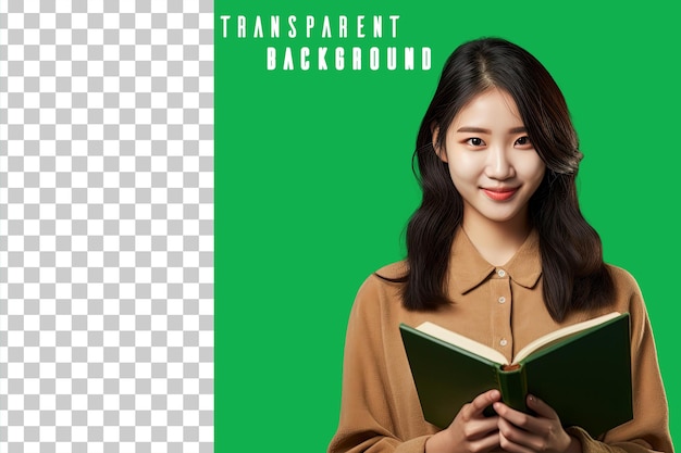 transparent photo portrait of asian student holding book on green background