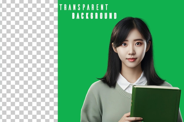 transparent photo portrait of asian student holding book on green background