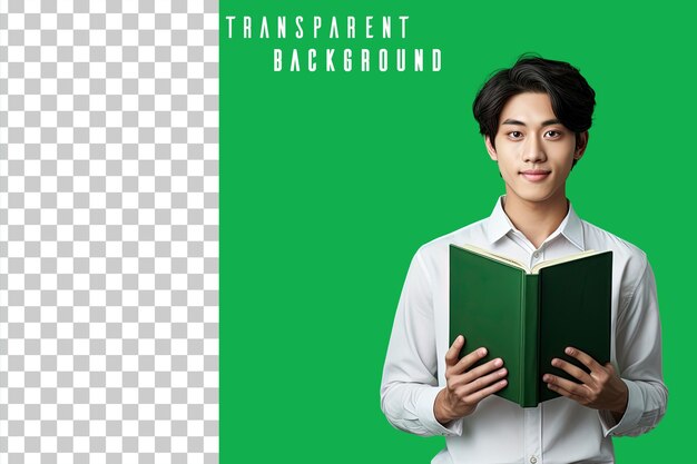 Transparent photo portrait of asian student holding book on green background
