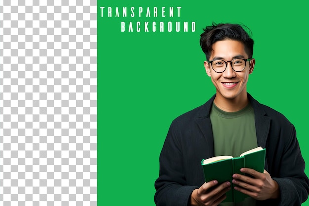 PSD transparent photo portrait of asian student holding book on green background
