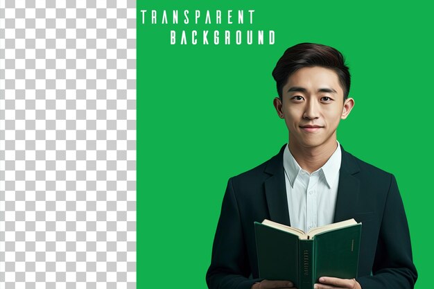 PSD 緑の背景に本を握っているアジアの学生の透明な写真肖像画
