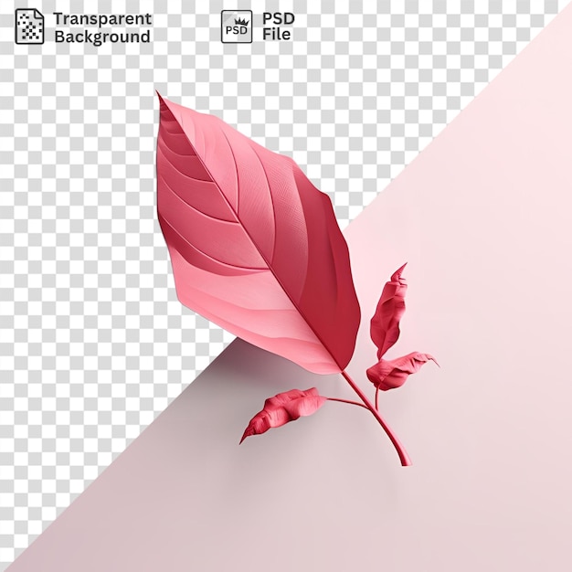 PSD transparent pink flower and leaf on a pink background with a dark shadow in the foreground