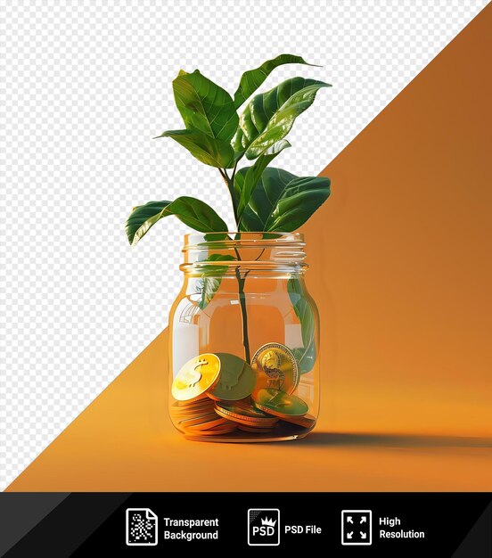 Transparent plant growing from coins in glass jar investment and interest concept png