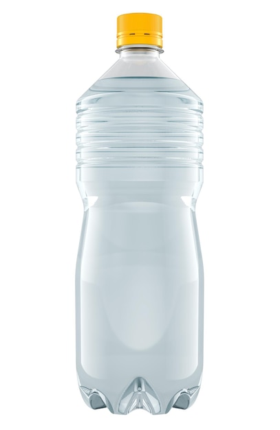 Transparent plastic bottle of pure clean water with yellow cap 3D rendering isolated on transparent background