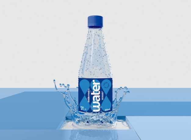 Transparent plastic bottle with label mockup