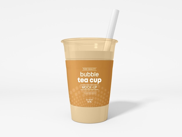 PSD transparent plastic bubble tea cup with straw mockup