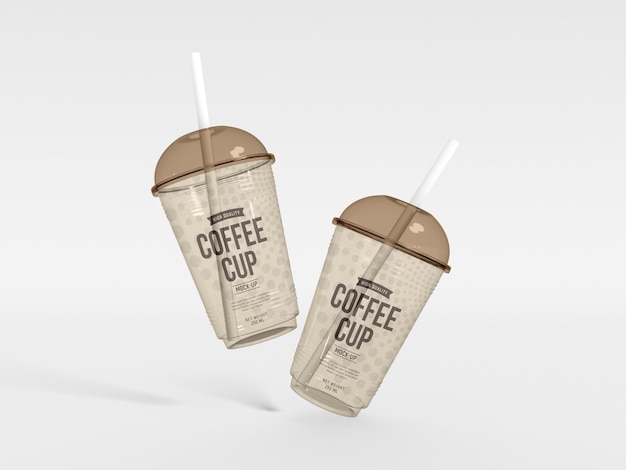 Transparent plastic coffee cup with straw mockup