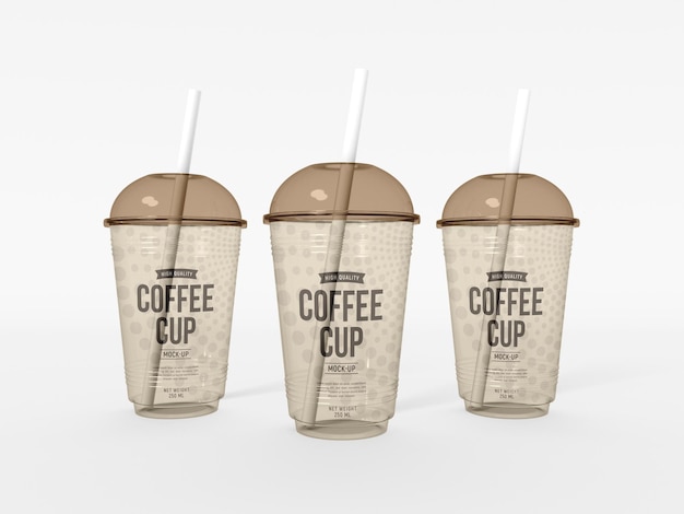 PSD transparent plastic coffee cup with straw mockup