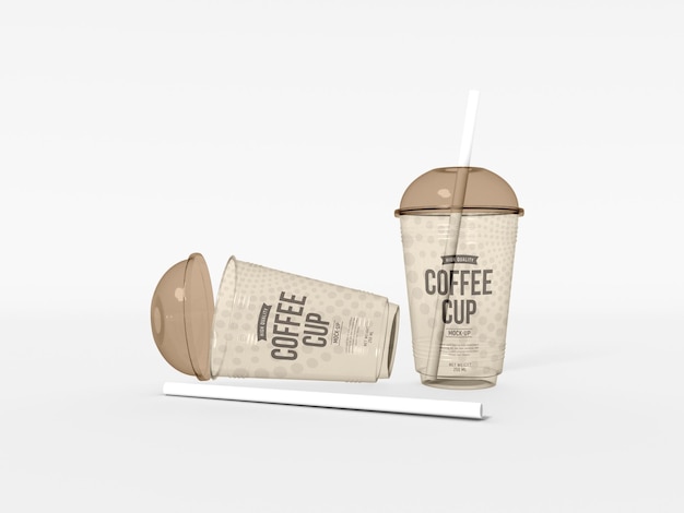 PSD tazza da caffè in plastica trasparente con mockup di cannuccia