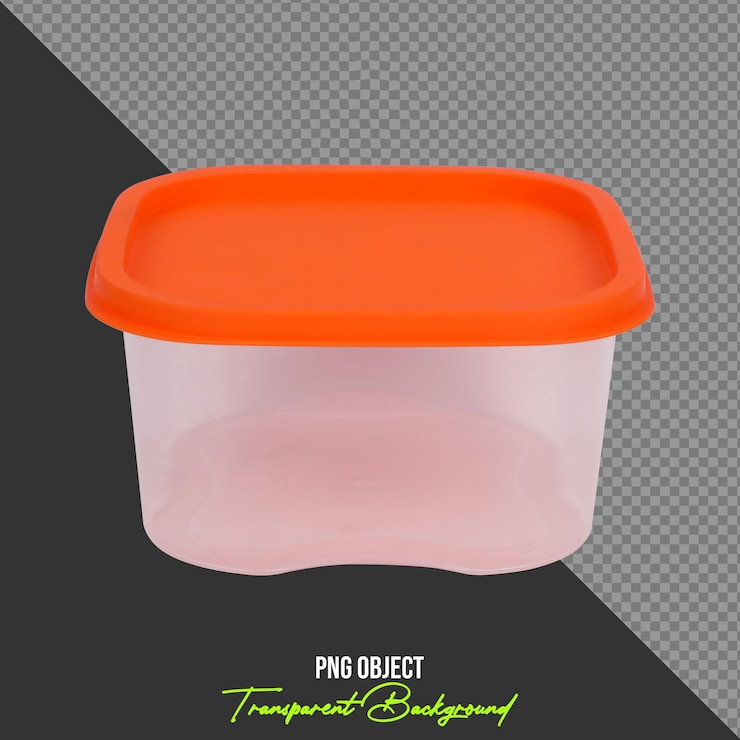 PSD transparent plastic food container with orange lid isolated on transparent background