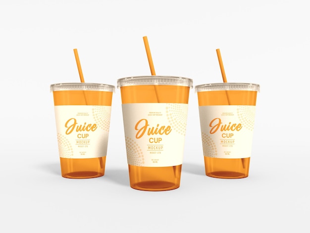 Transparent plastic juice cup with straw mockup