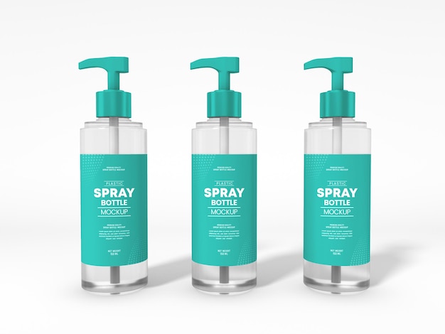 PSD mockup di imballaggio per flacone spray in plastica trasparente