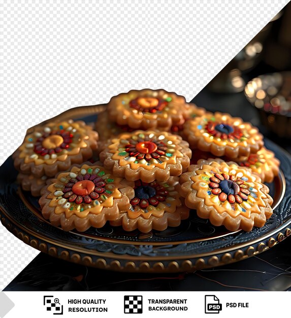 PSD transparent plate of nastar cookies for eid al fitr on a black table accompanied by a brown bowl