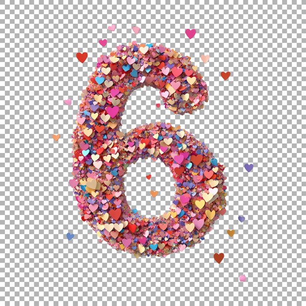3D レンダリングのアルファベットの数字 6 ハートコンフェッティから作られた