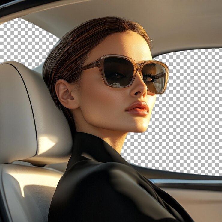 PSD transparent or png image of fashion girl sitting in car