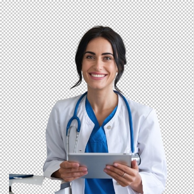 transparent or png image of a female doctor is holding a tablet with a stethoscope on it