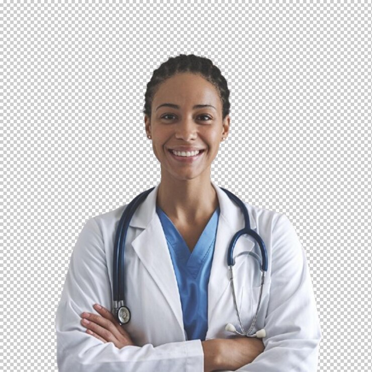 PSD transparent or png image of a woman in a lab coat with her arms crossed