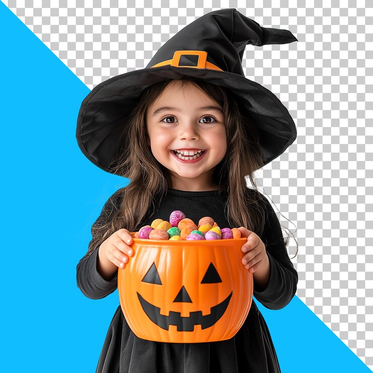 PSD transparent png image of a young girl in a witch costume holding a pumpkin bucket filled with candy
